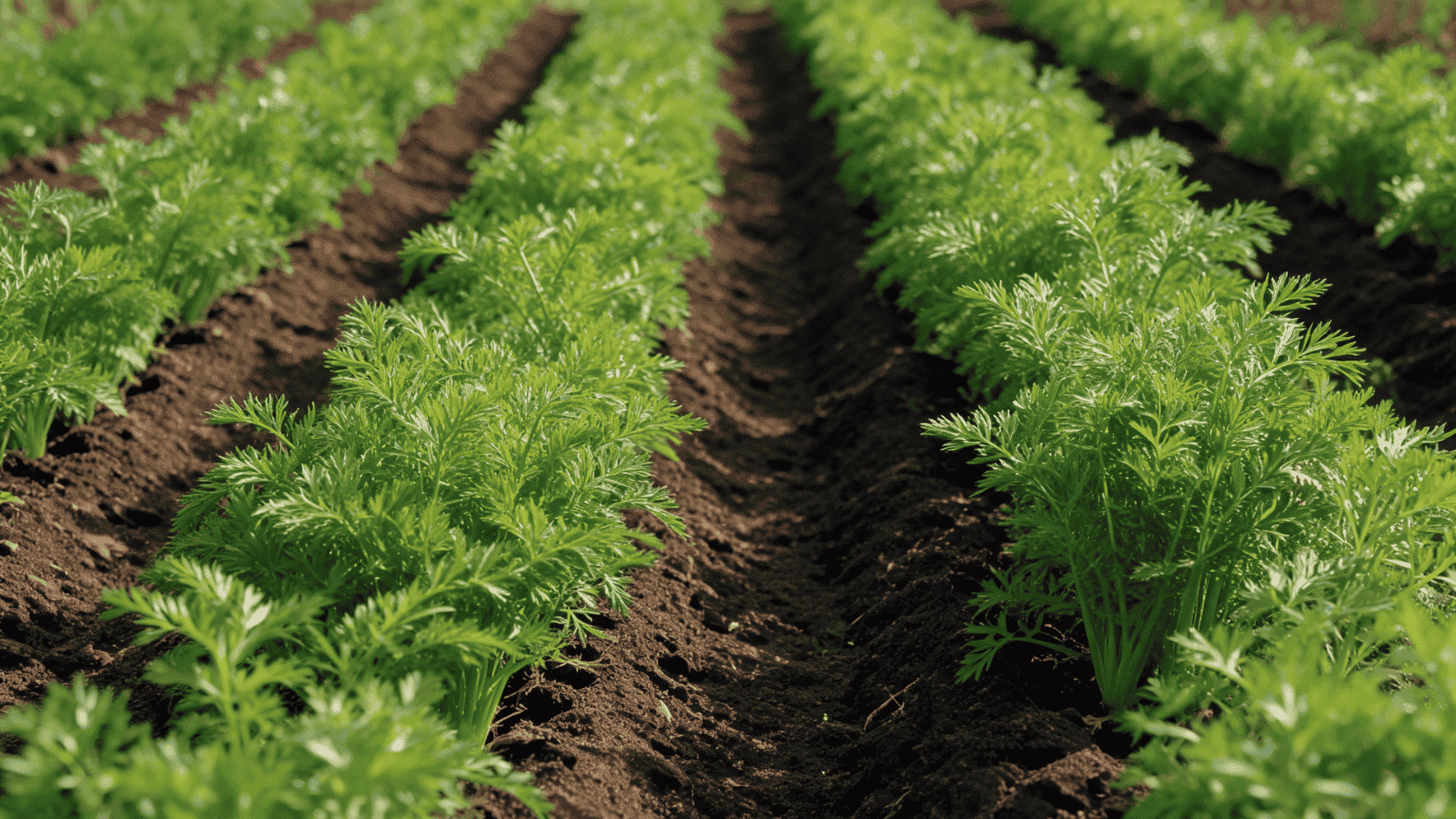 Overhead view of carrot plants growing in evenly spaced rows with feathery green foliage in soil.