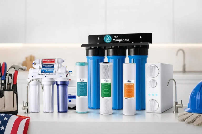 Water filtration systems and cartridges on a clean white countertop in a kitchen setting