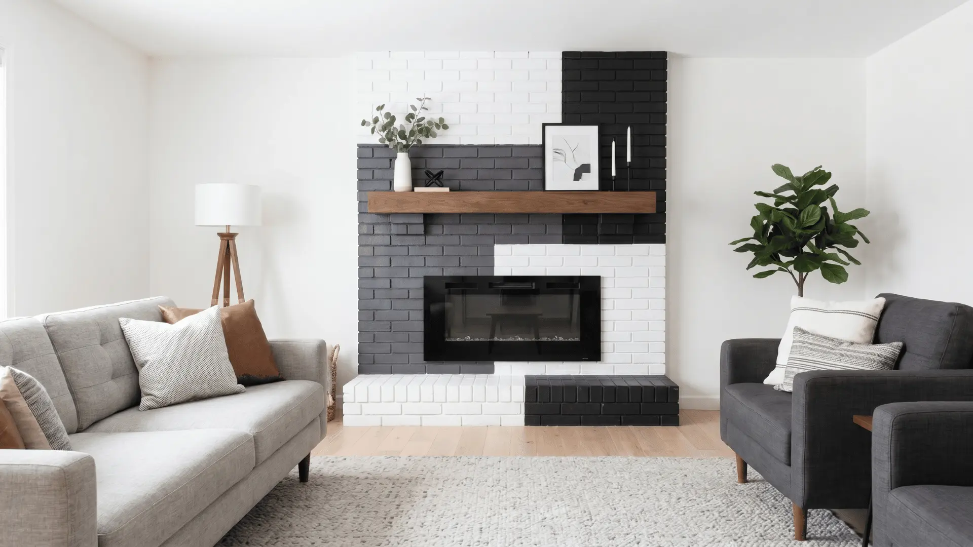 Painted brick fireplace in white, gray, and black finishes (1)