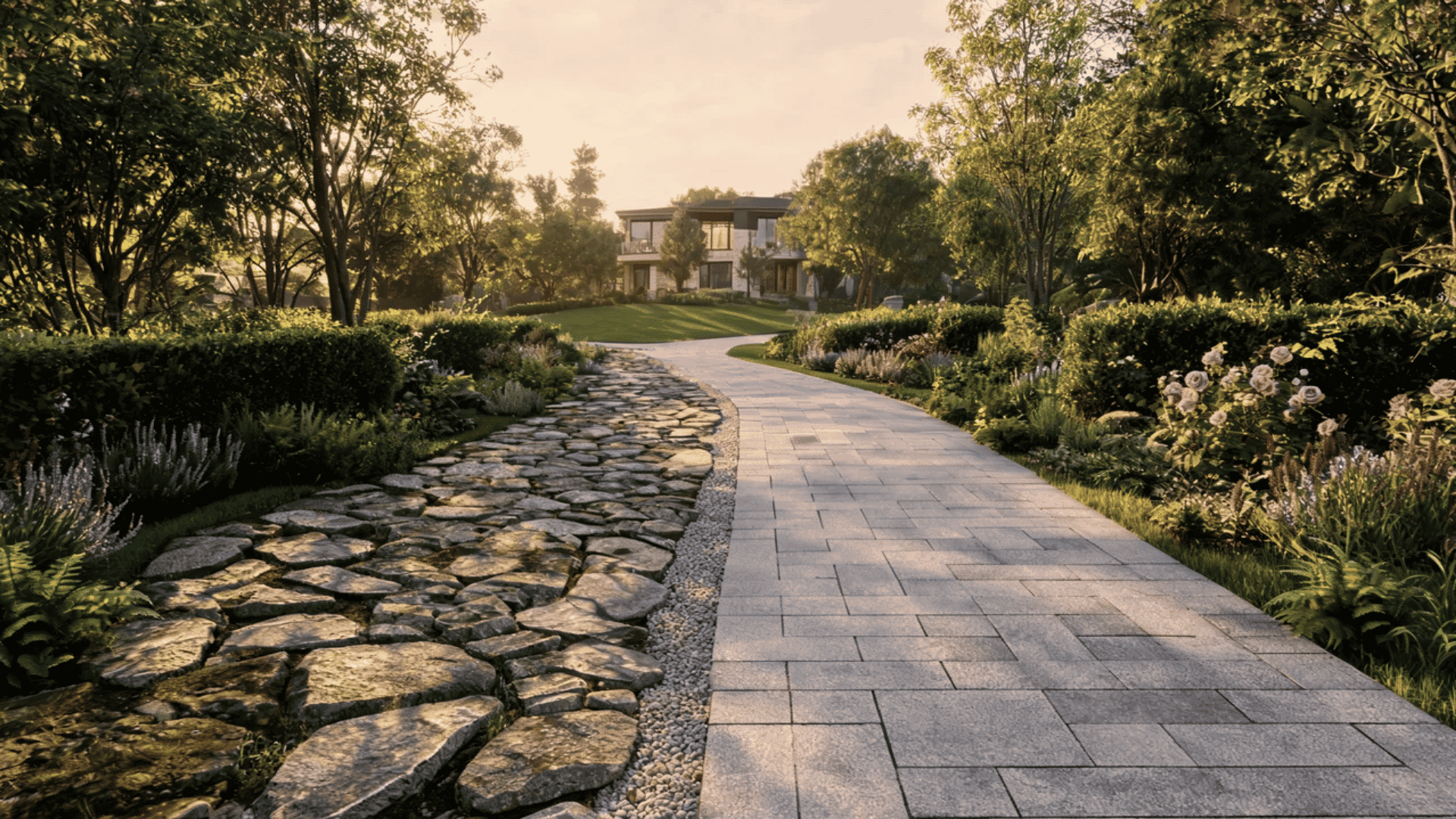 Curved stone walkway ideas with flagstone path and paver lane leading through a lush garden to a modern home