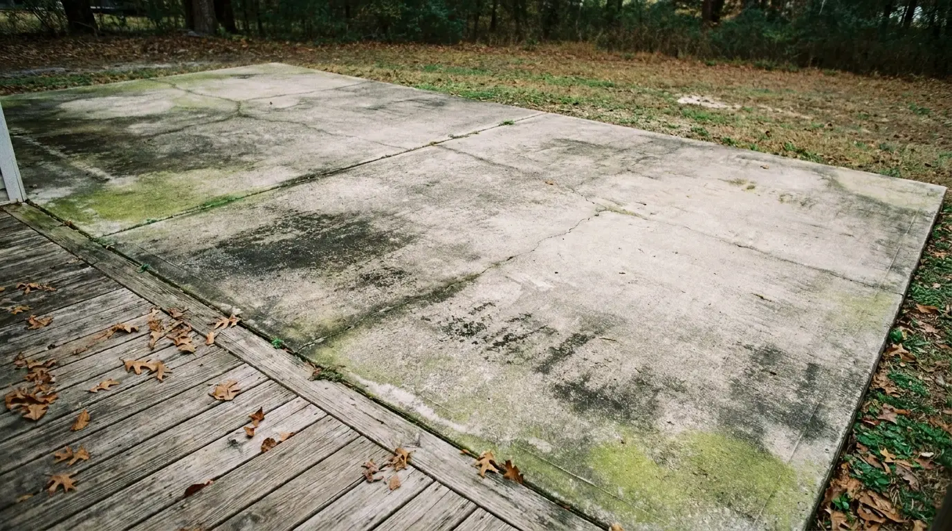 Weathered concrete patio with green moss beside wooden deck in a wooded backyard setting