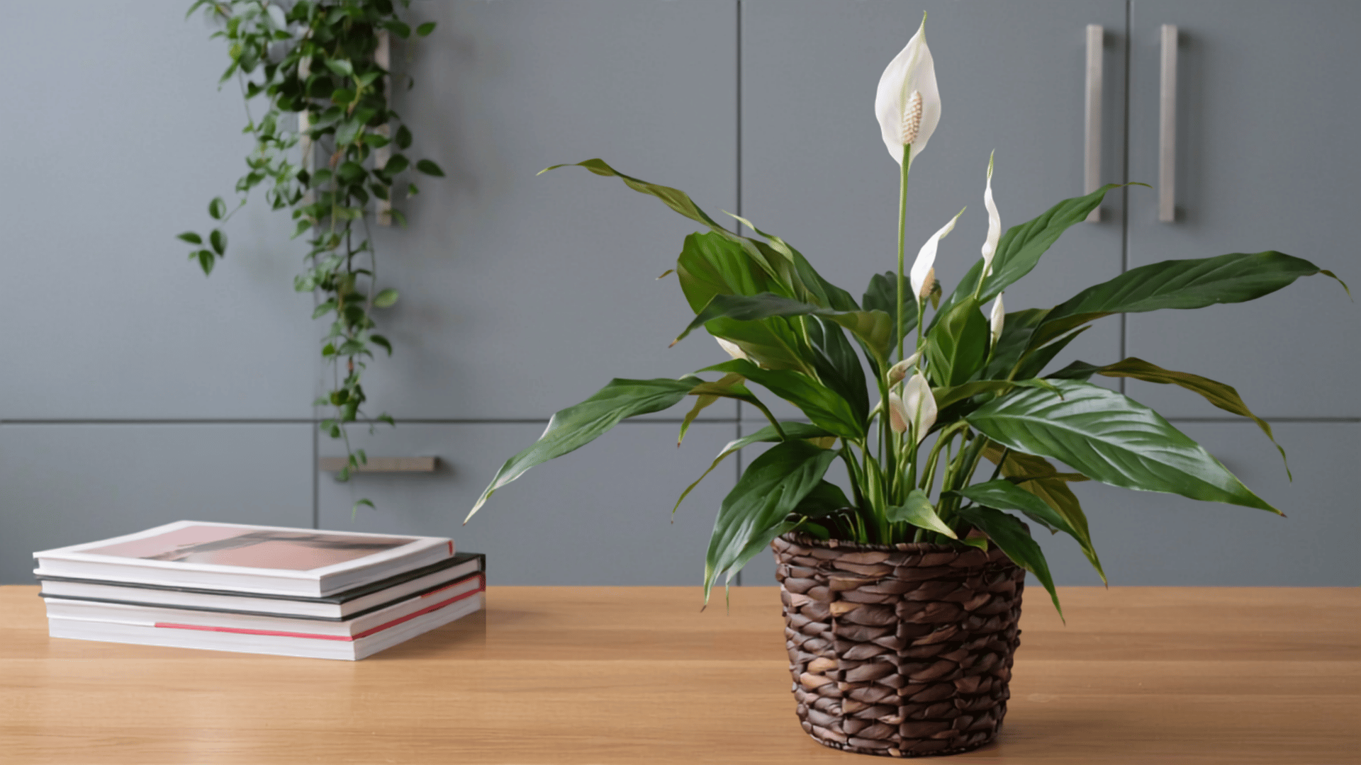 Peace lily with white blooms in woven basket beside watering can on wooden desk