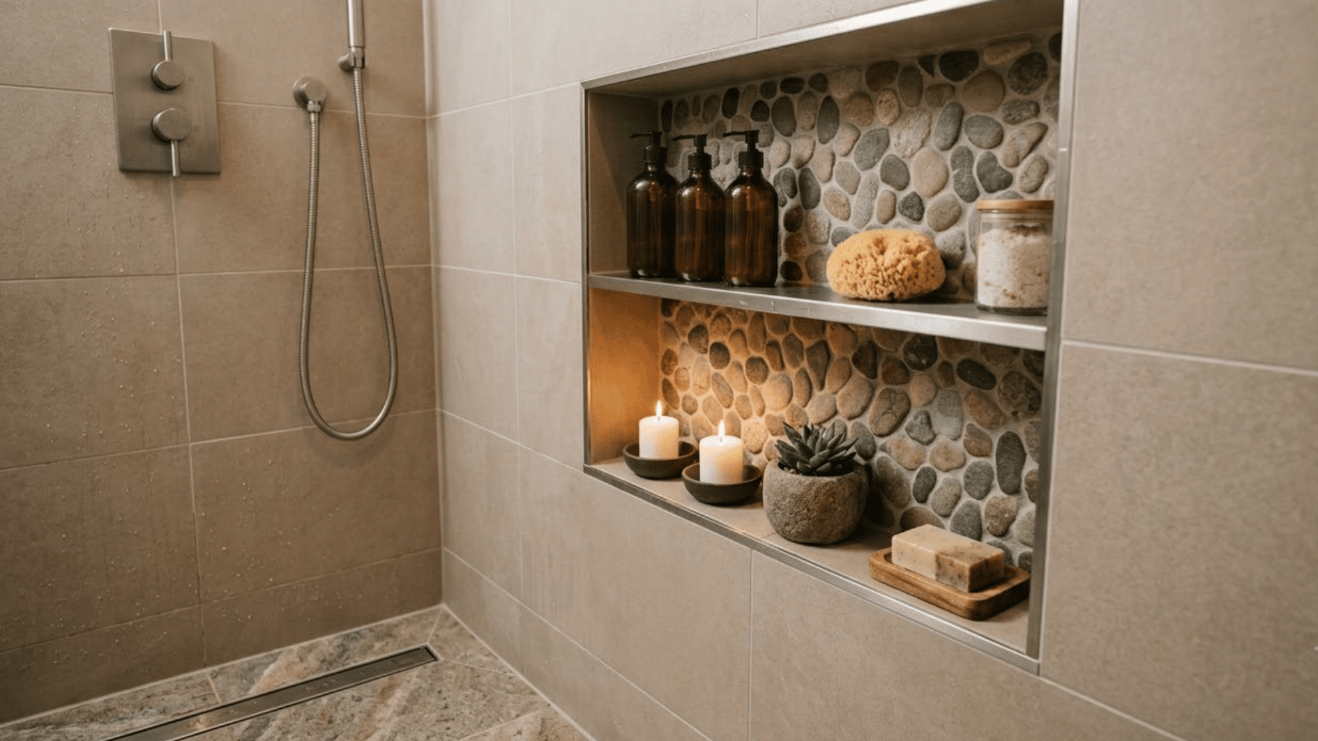 pebble interior shower niche with toiletries and candles inside a modern open tiled shower wall