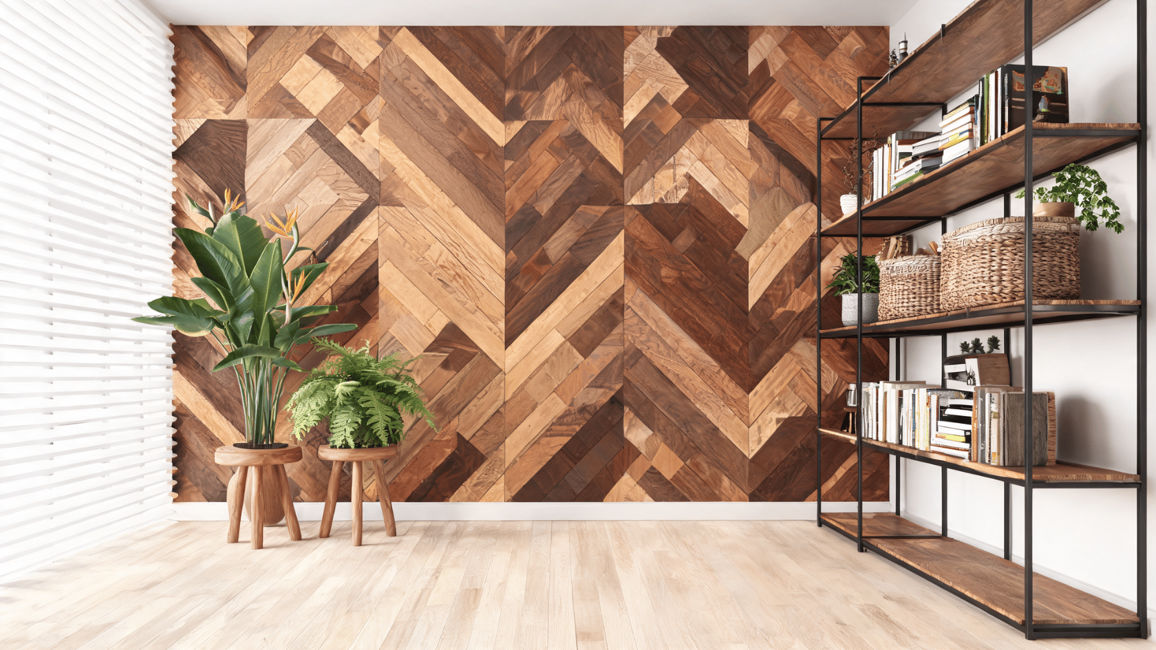 Wood panel wall with geometric patterns, indoor plants on wooden stands, and open shelving with books and storage baskets.