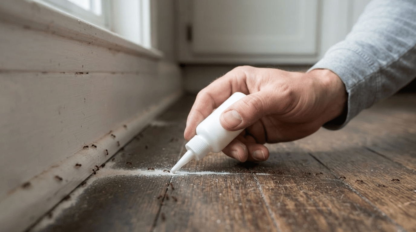 person applying a thin layer of food grade diatomaceous earth along a dry baseboard (1)