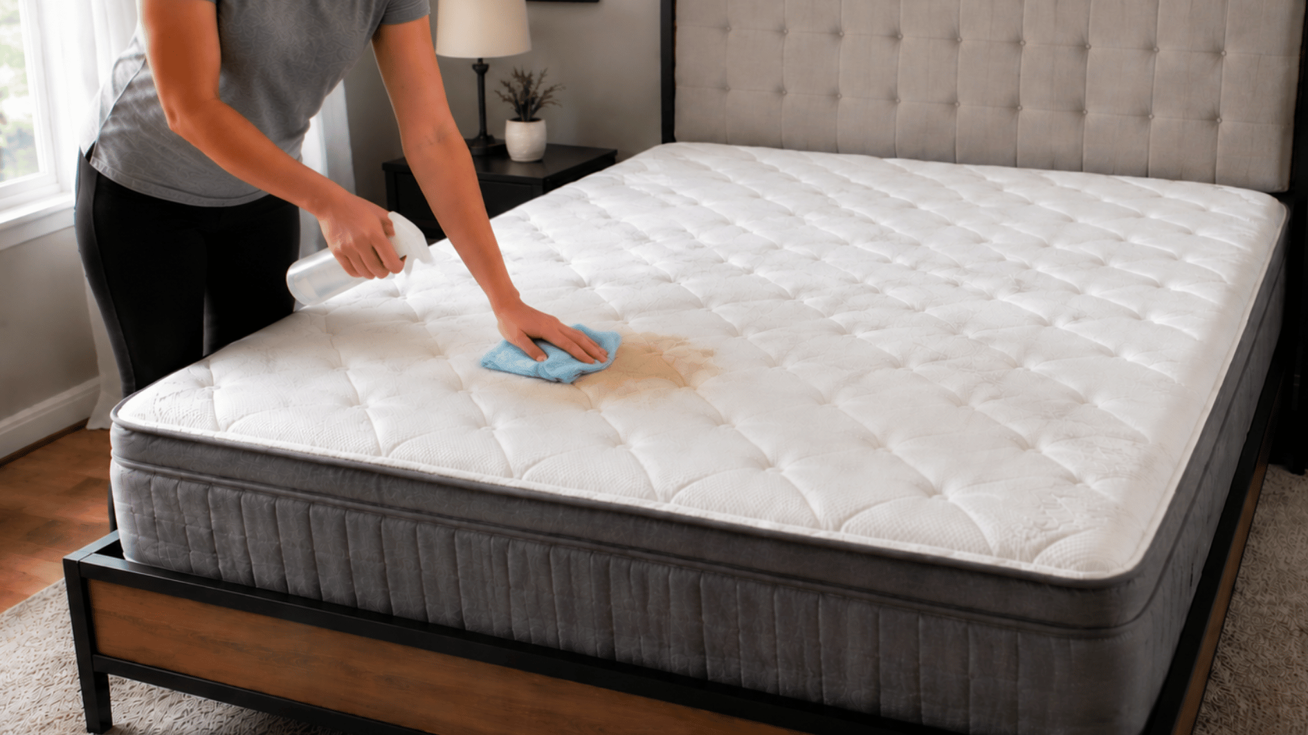 person blotting a mattress stain with a microfiber cloth and cleaning solution