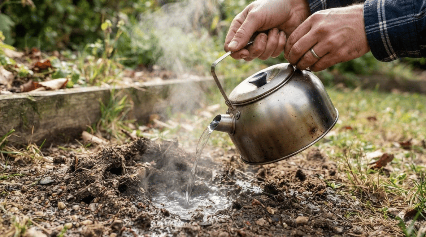 person carefully pouring boiling water into a small outdoor ant nest in the soil (1)