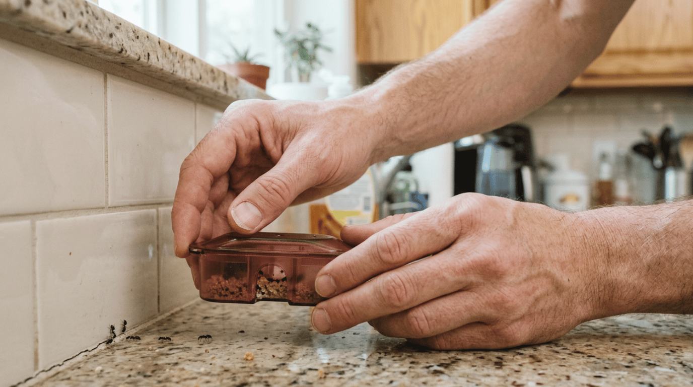 person checking an ant bait station and monitoring remaining activity near a kitchen baseboard.png