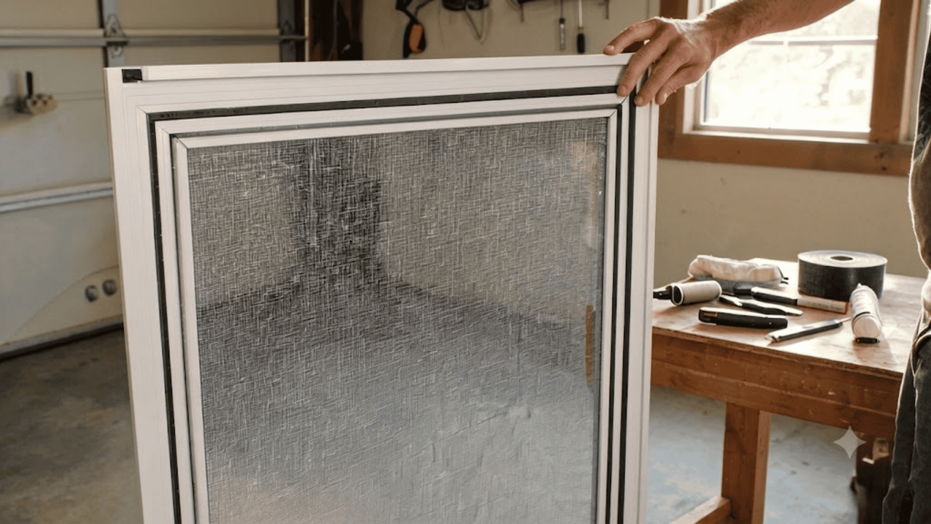 Person checking screen door edges while showing how to repair screen door after finishing the mesh installation.