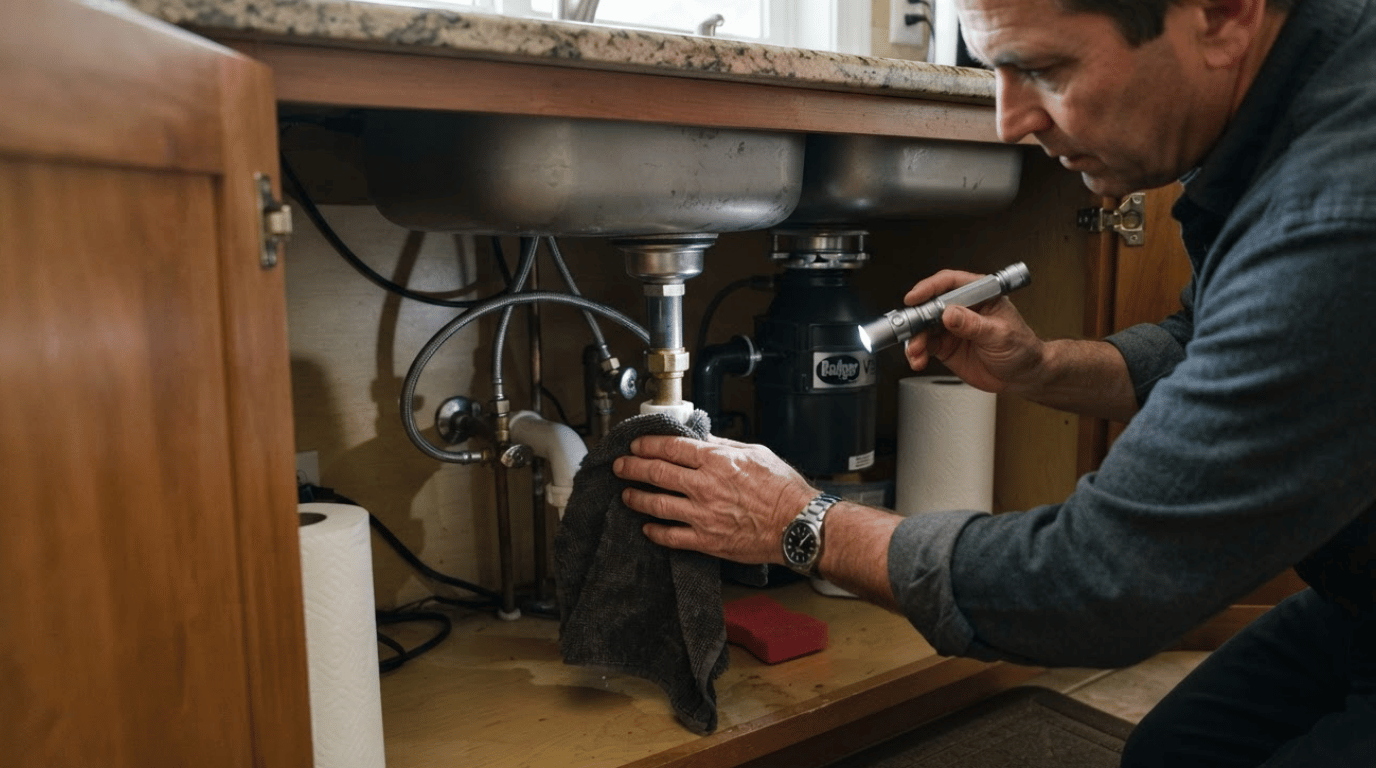person drying a kitchen sink and checking a leaking pipe that may attract tiny ants (1)