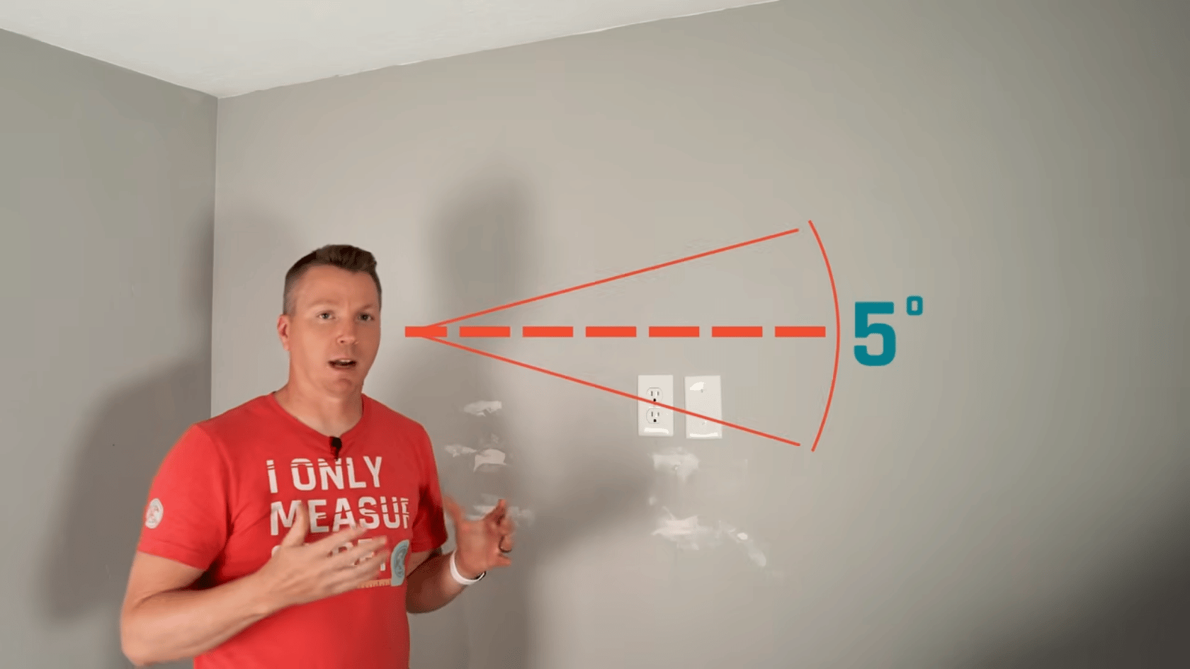 Person marking the ideal TV mounting location on a wall with a 5-degree viewing angle illustration.