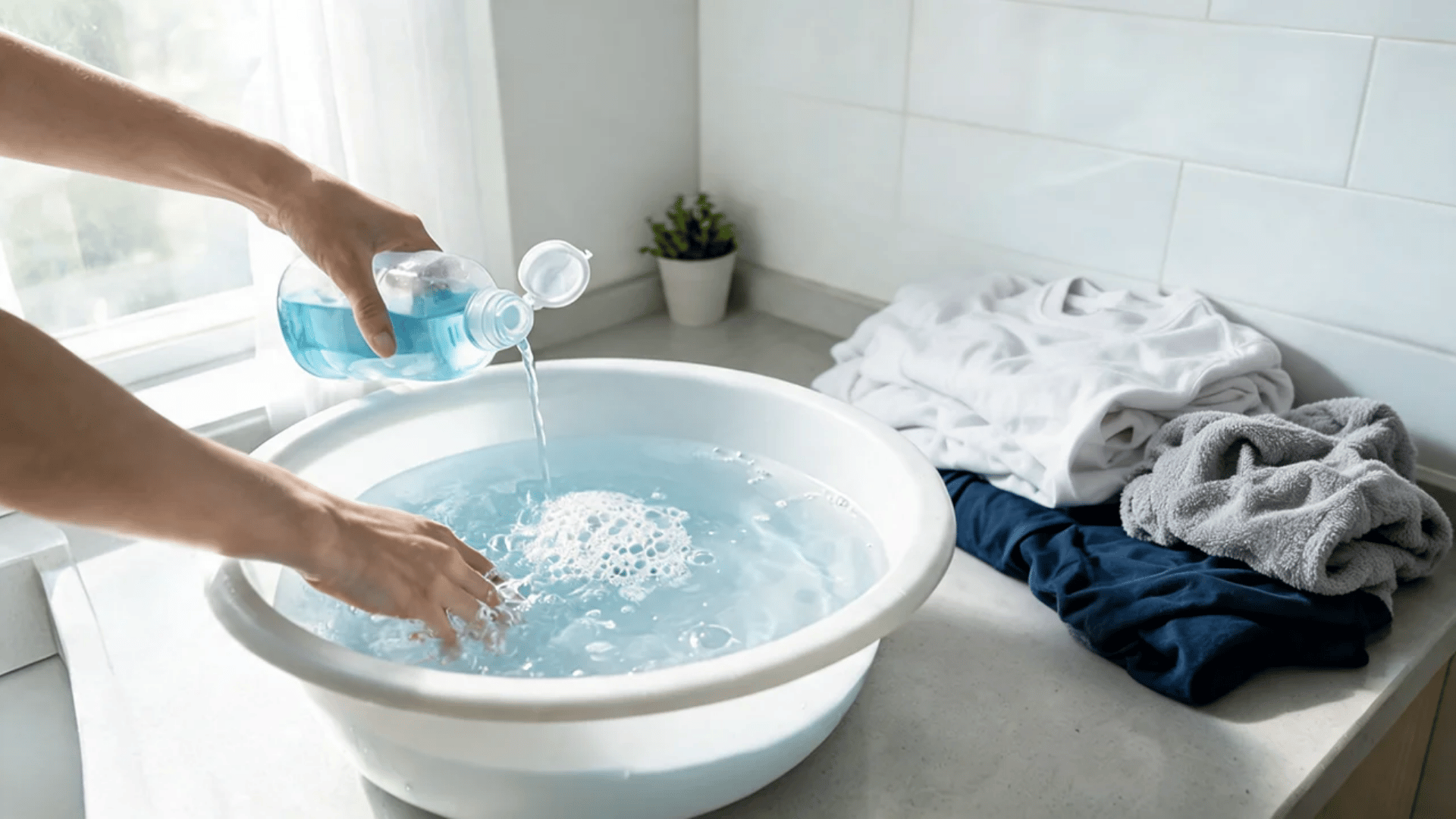 Person mixing detergent in water while preparing <echighlighted>how to handwash clothes</echighlighted> in a basin.