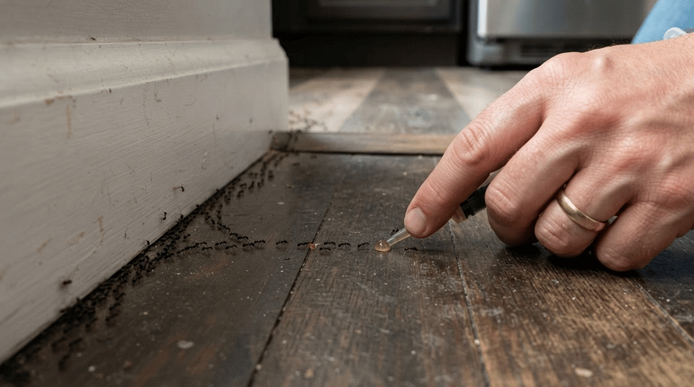 person placing liquid ant bait beside an active trail near a kitchen baseboard (1)