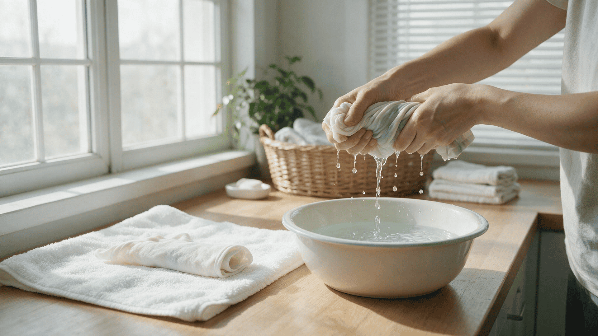Person removing excess water while following <echighlighted>how to handwash clothes</echighlighted> steps without wringing fabric.
