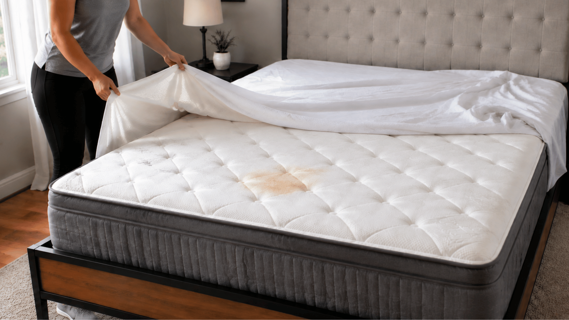 person removing white bedding to reveal a stained mattress during a home mattress cleaning process at home