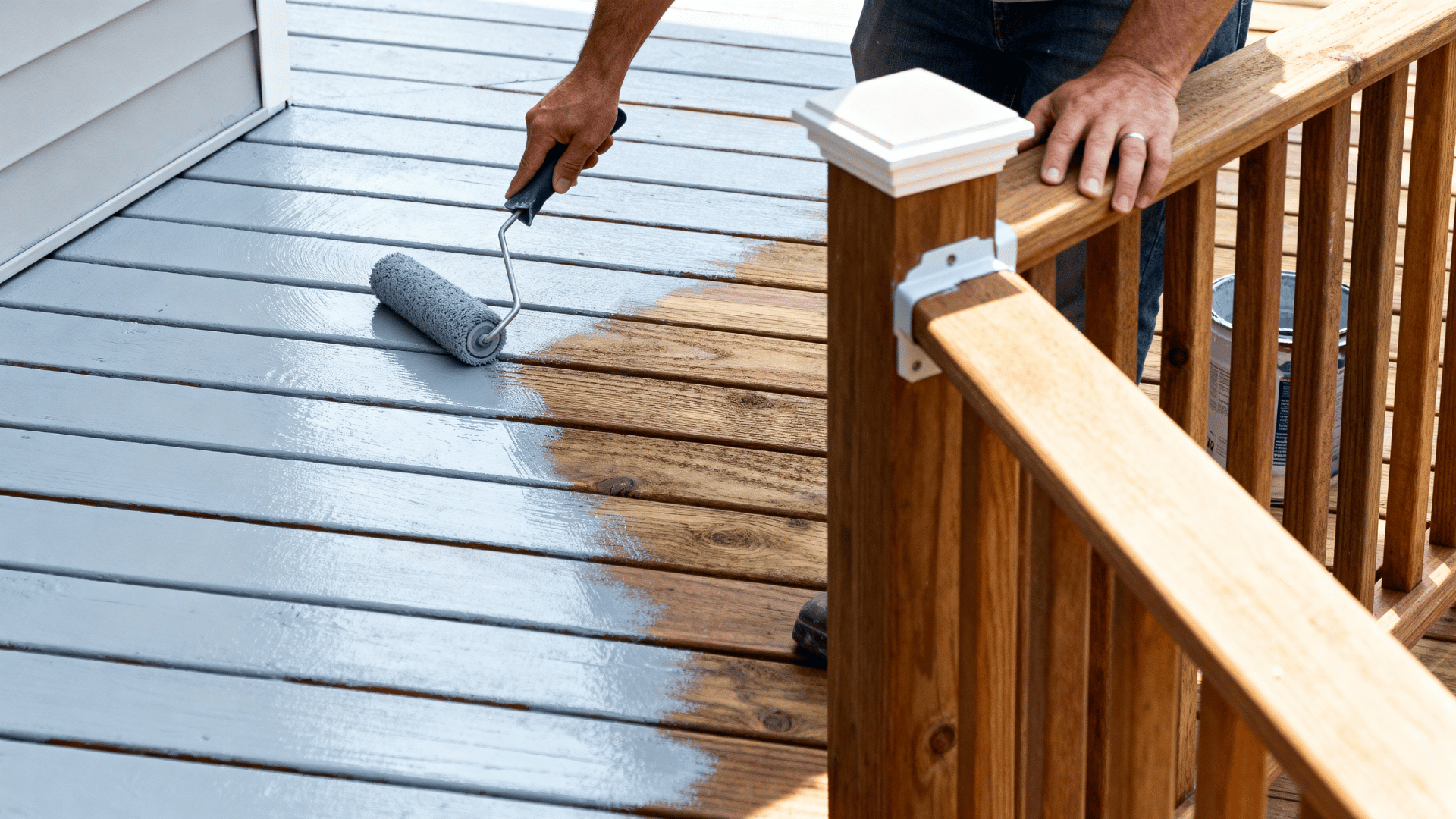 person rolls gray paint across wooden deck boards beside natural wood railing during outdoor home improvements