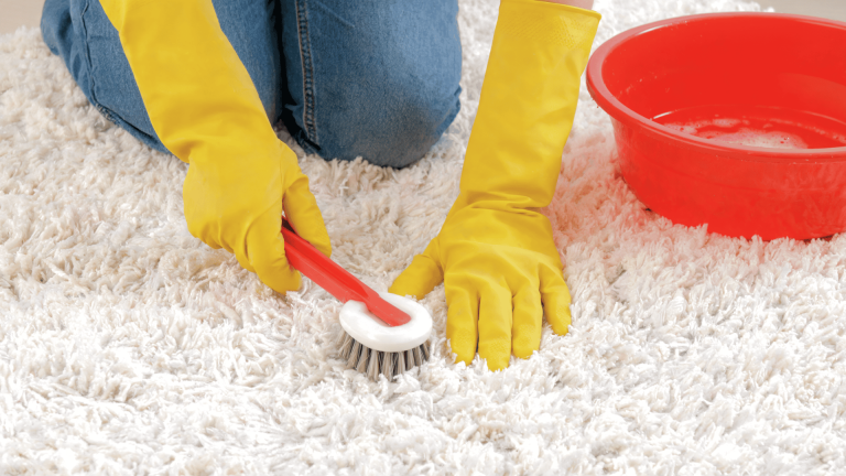Person cleaning a white carpet with a brush and cleaning solution
