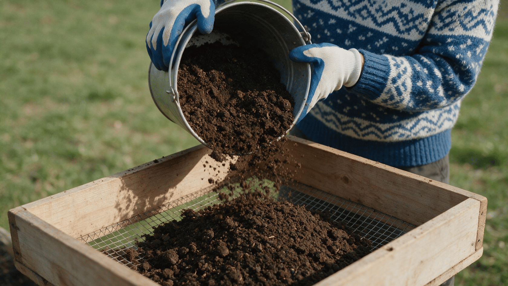 Person sifting garden soil through a mesh tray using a bucket outdoors.