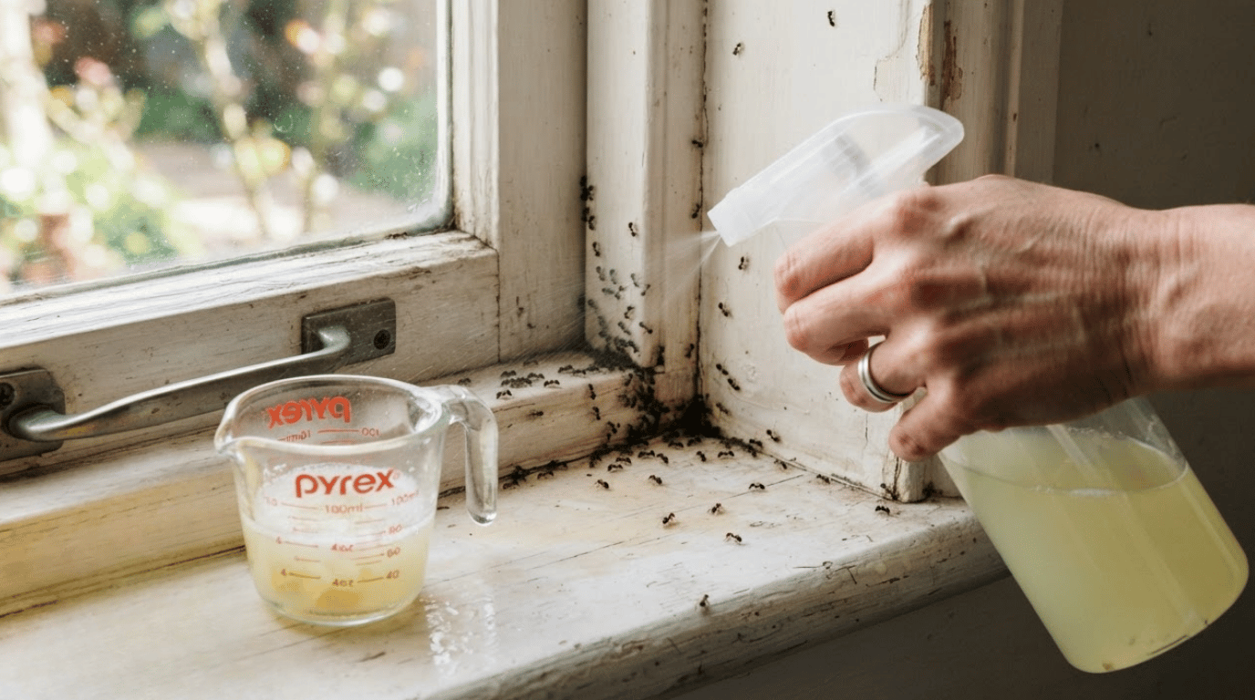 person spraying diluted lemon juice near a window gap to discourage tiny ants (1)