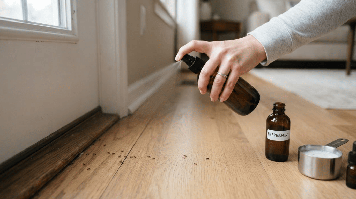 person spraying diluted peppermint oil around a door threshold to discourage tiny ants (1)