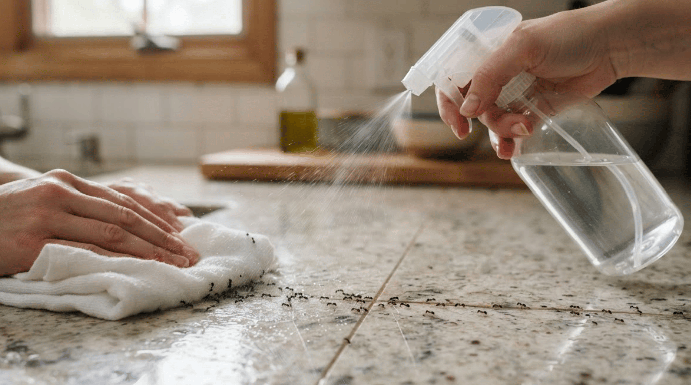 person spraying vinegar solution on a tiny ant trail along a kitchen baseboard (1)