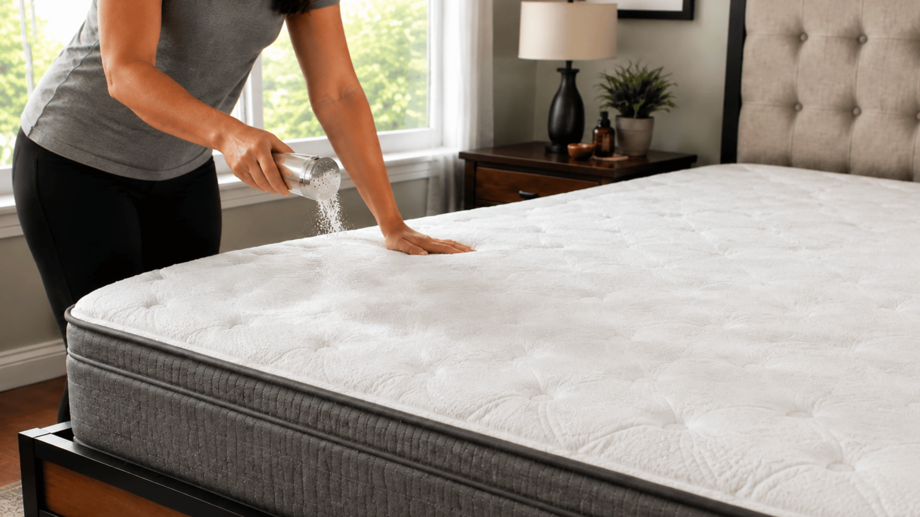 person sprinkling baking soda over a mattress to remove trapped odors