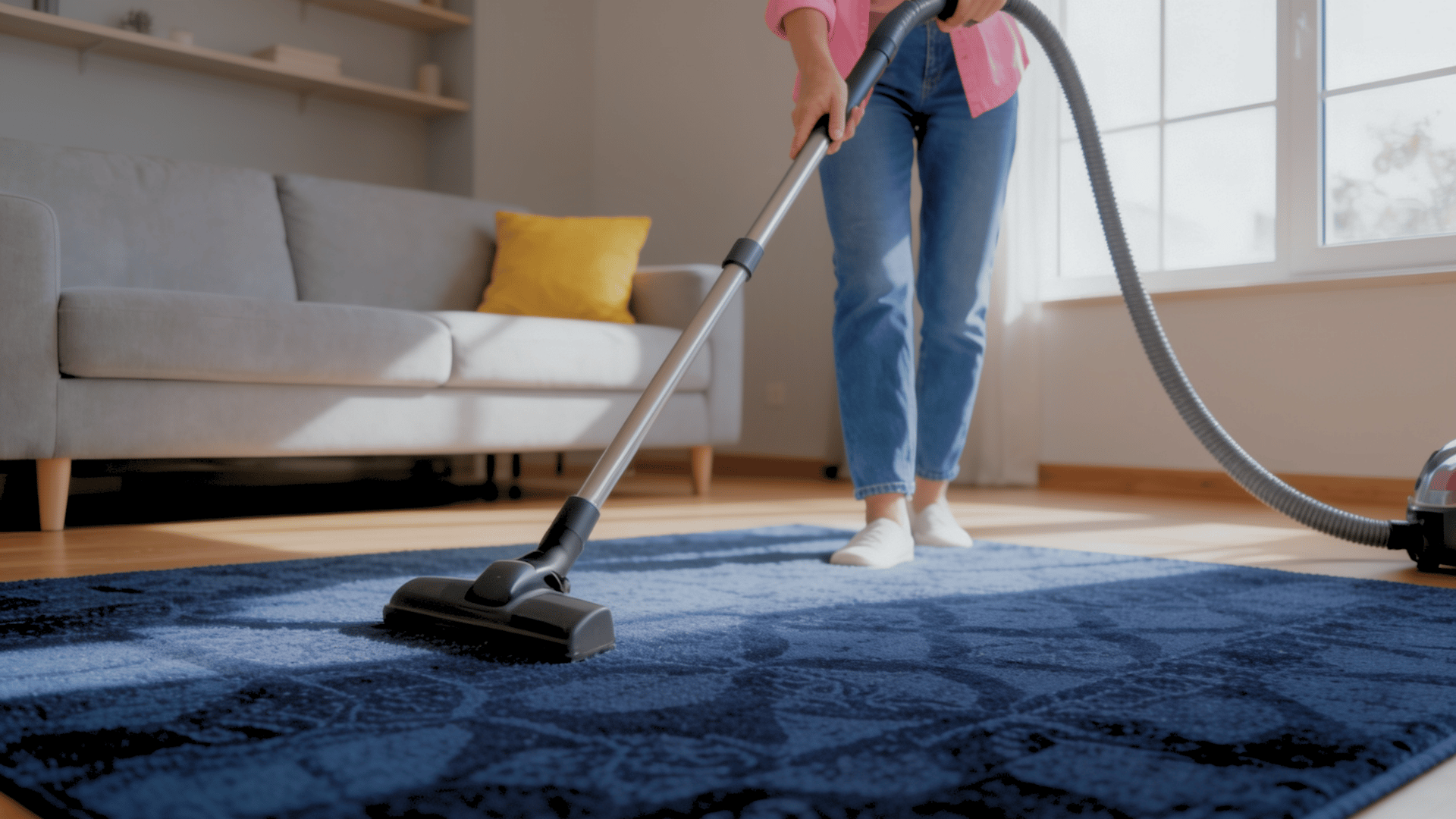 Person vacuuming a blue carpet in a bright living room