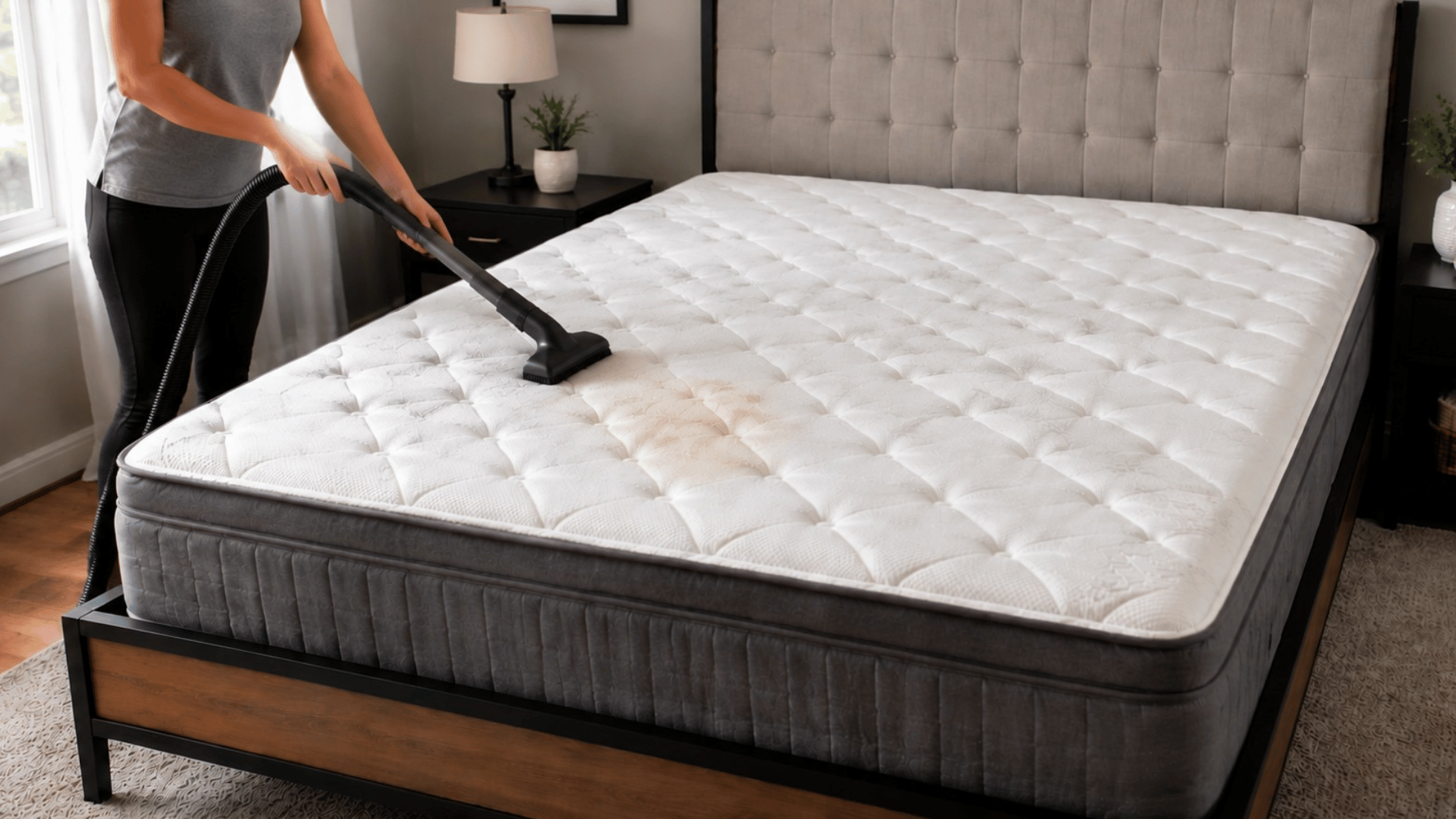 person vacuuming a mattress surface while cleaning dust and debris before stain removal