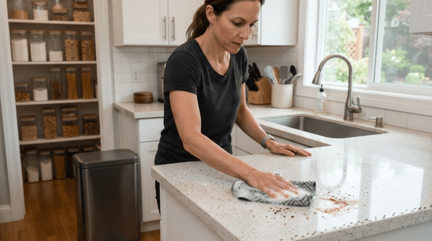 person wiping crumbs and spills from a kitchen counter to remove food sources attracting tiny ants (2)