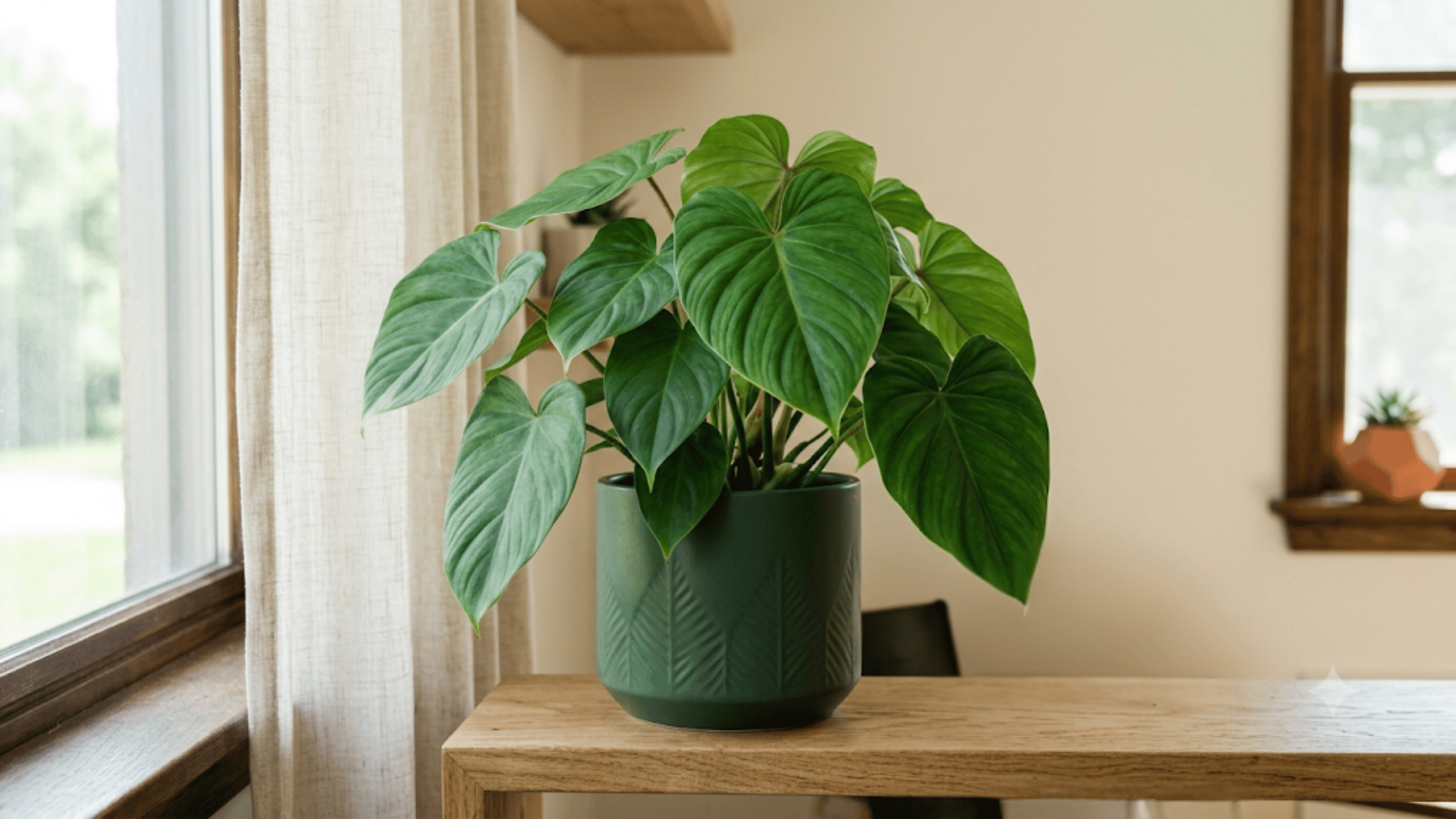 Philodendron plant with large heart-shaped leaves in dark green textured pot on shelf