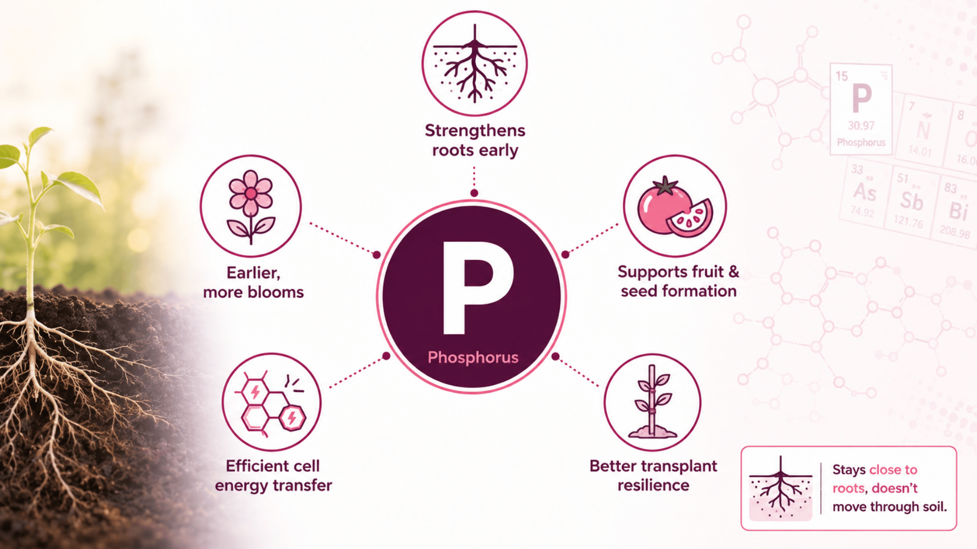 Phosphorus circle diagram with icons: roots, blooms, fruit and seed formation, energy transfer, transplant resilience.