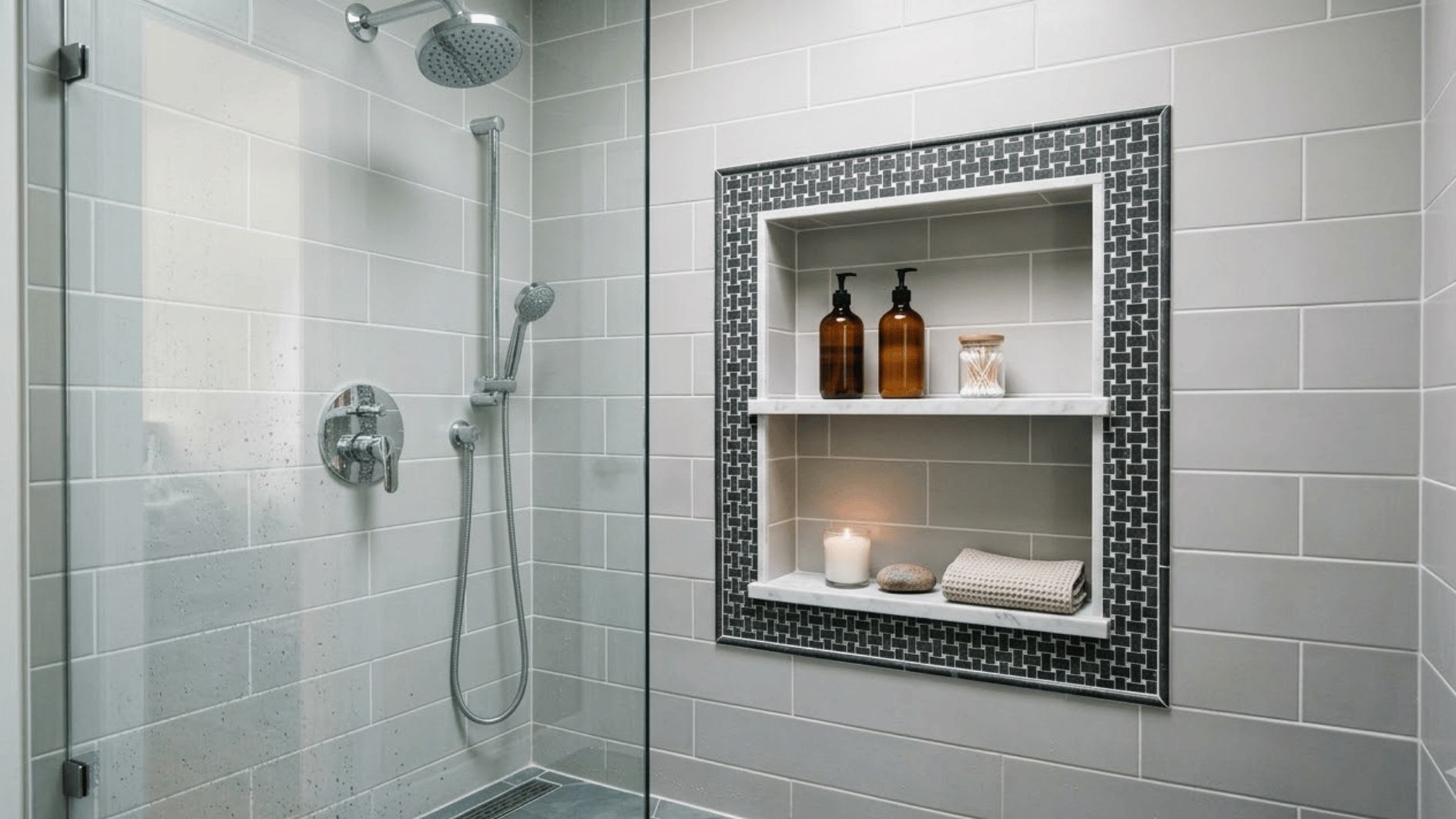 picture frame border shower niche with toiletries and candles inside a modern tiled shower wall