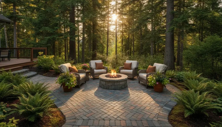 Outdoor patio with wicker chairs and fire pit surrounded by lush green forest at sunset