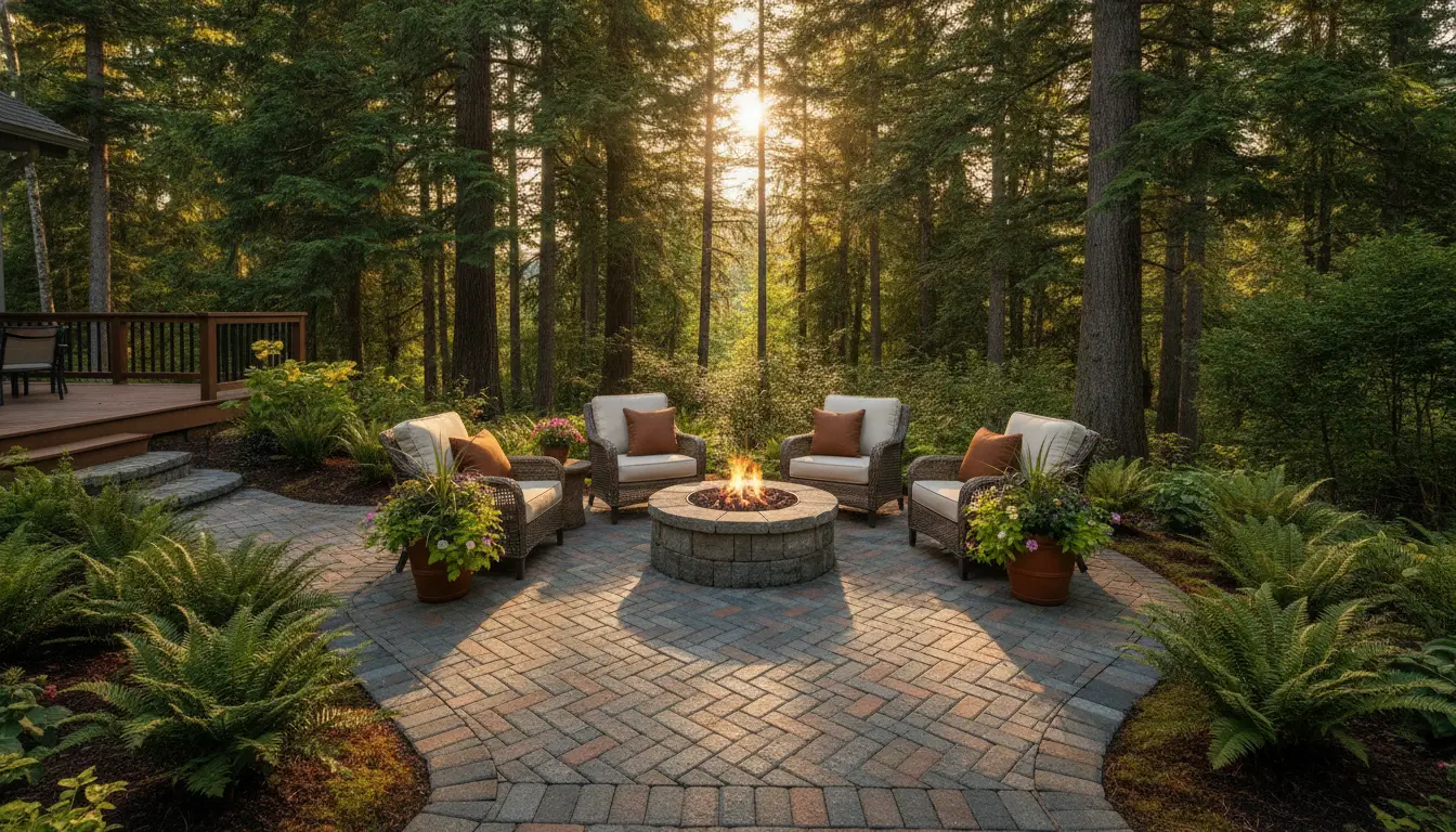 Outdoor patio with wicker chairs and fire pit surrounded by lush green forest at sunset