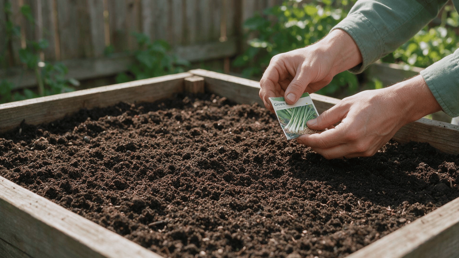 gardener checking prepared soil with green onion seeds before planting in a raised garden bed
