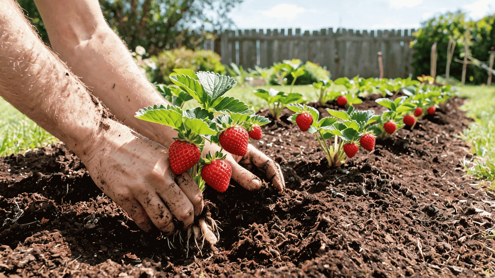 Gardener planting strawberry plants in soil with green leaves in a backyard garden bed