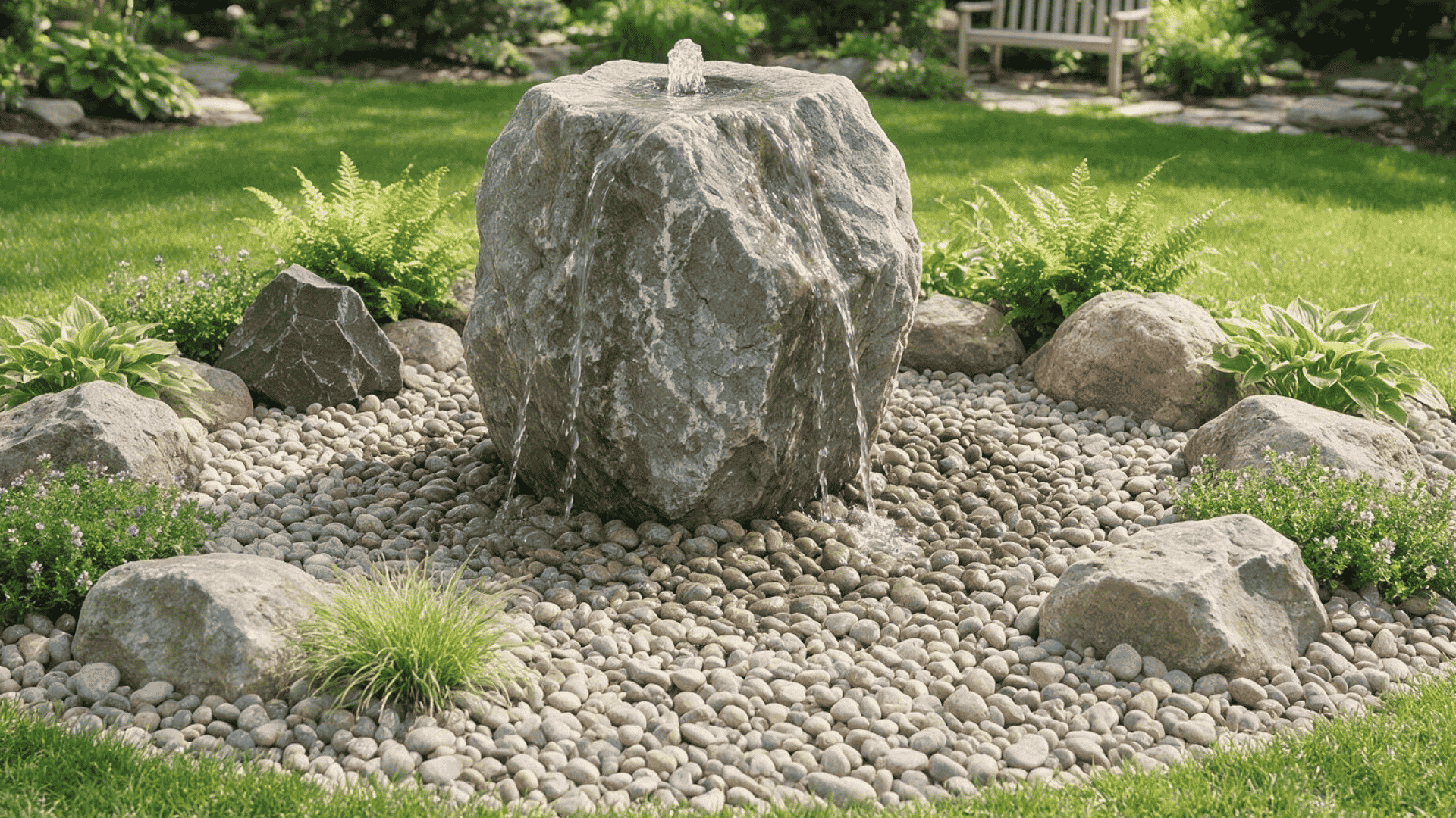 pondless rock fountain with water spraying above a hidden reservoir in a sunny backyard garden space (1)
