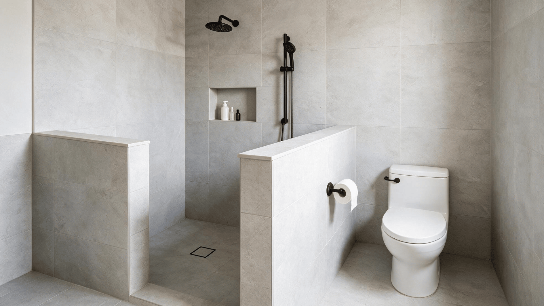 pony wall shower positioned beside a toilet with matching tile creating subtle zone separation and realistic fixtures in a modern bathroom (2)
