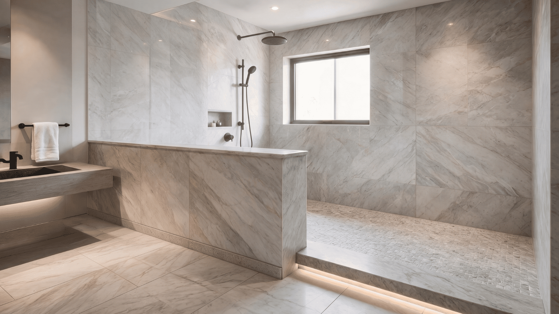 pony wall shower with a raised floor platform and contrasting tile distinguishing the shower zone from the main bathroom floor (2)