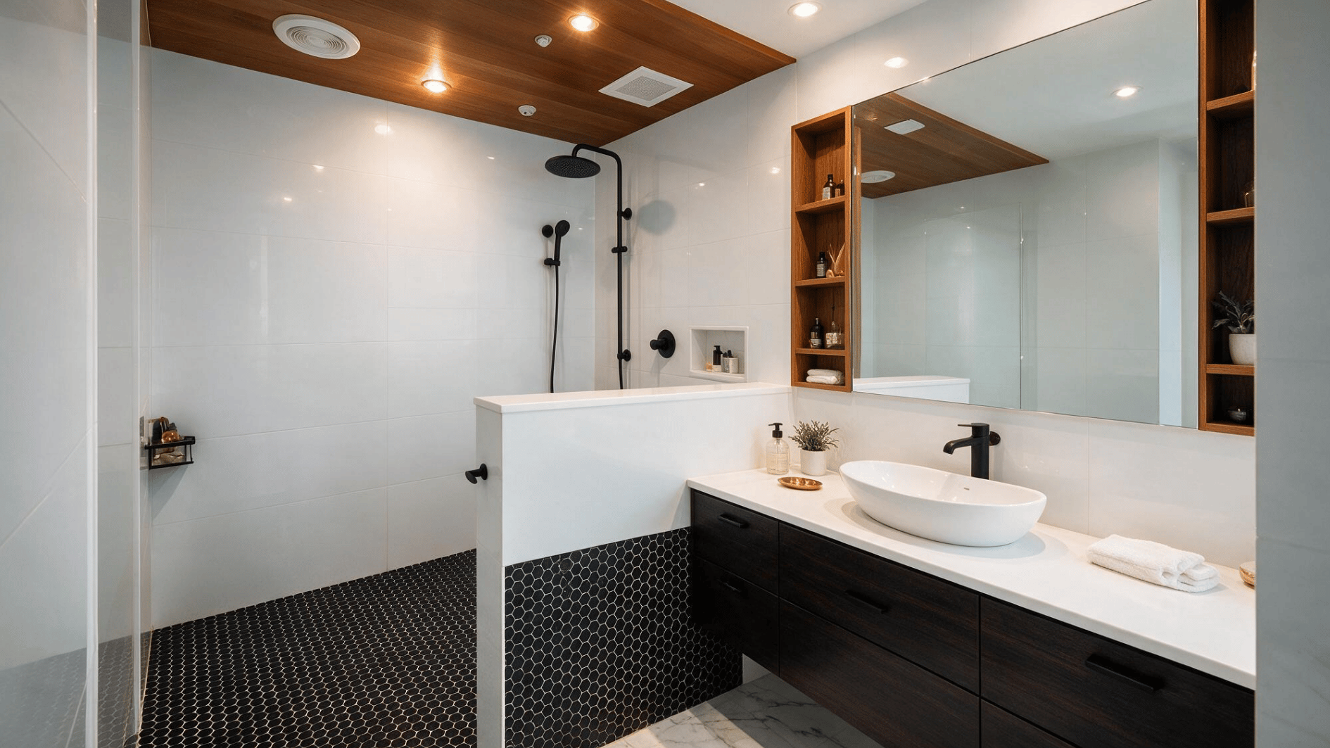 pony wall shower with black penny tile floor contrasting against white tiled walls and matte black fixtures in a modern bathroom (1)