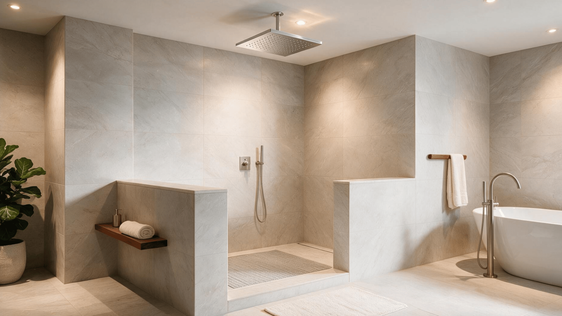 pony wall shower with ceiling mounted square rainhead fixture above the shower zone and tiled half wall entrance in a modern bathroom (2)