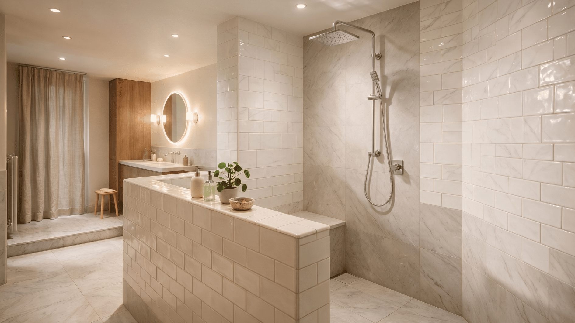 pony wall shower with flat tiled storage ledge along the top of the half wall styled with accessories and realistic fixtures in a modern bathroom (2)