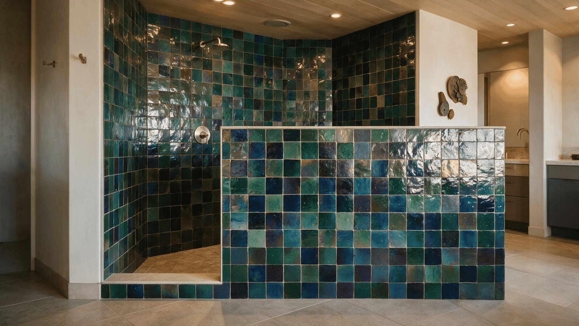 pony wall shower with handcrafted zellige tile covering the half wall and shower interior with rich color variation and reflective glaze (1)