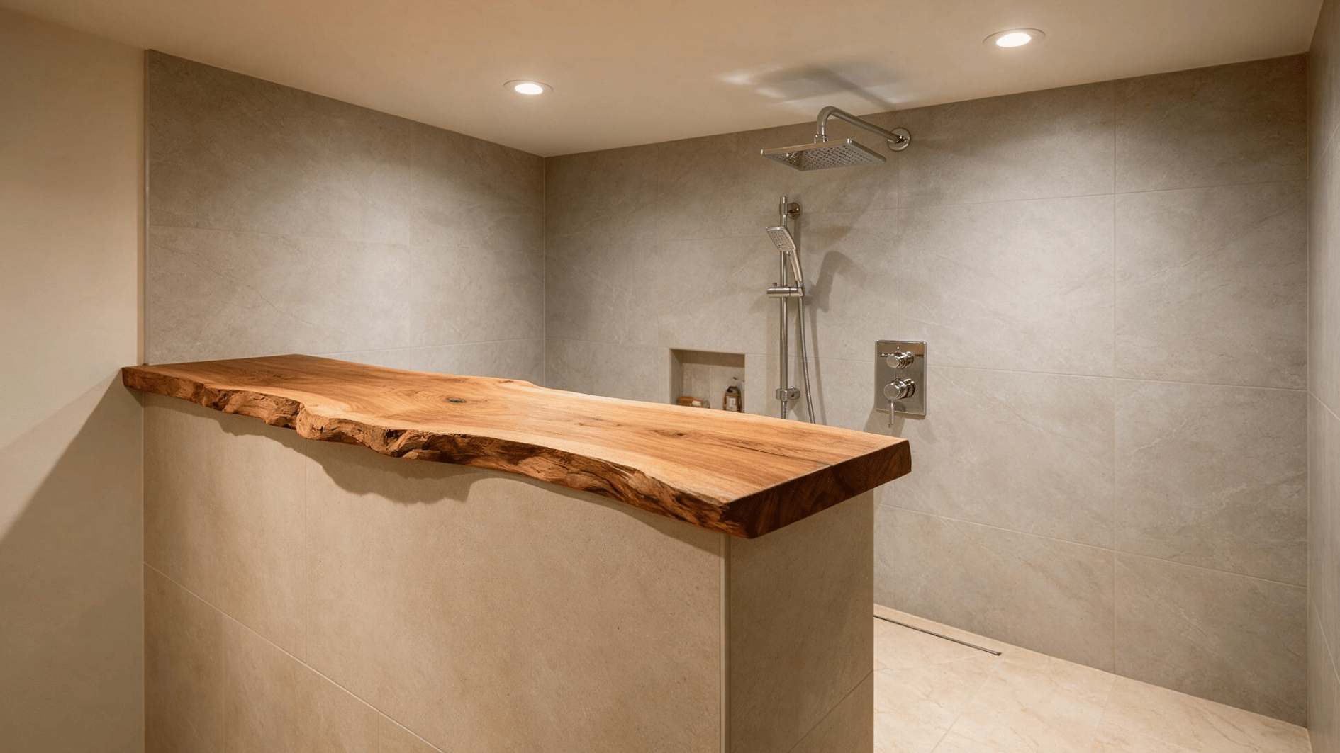 pony wall shower with natural live edge wood slab cap contrasting against clean tiled half wall in a modern neutral bathroom