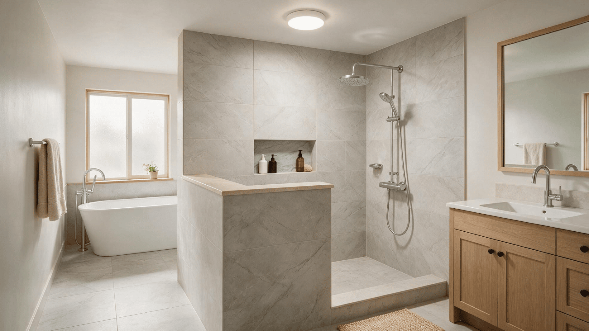 pony wall shower with recessed niche built into the half wall featuring contrasting tile and styled accessories in a modern bathroom (2)