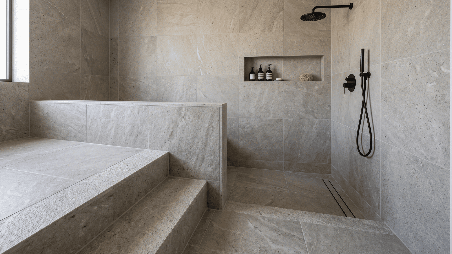pony wall shower with sunken floor recessed below the main bathroom level and tiled half wall marking the boundary in a modern bathroom