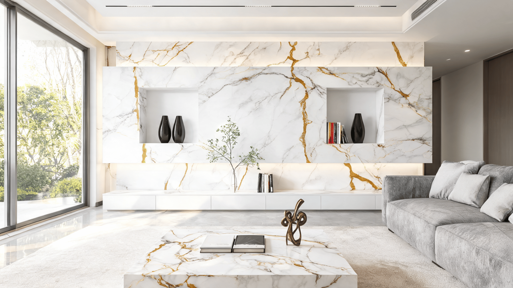 Porcelain wall panels with marble-like veining behind a modern living room feature wall