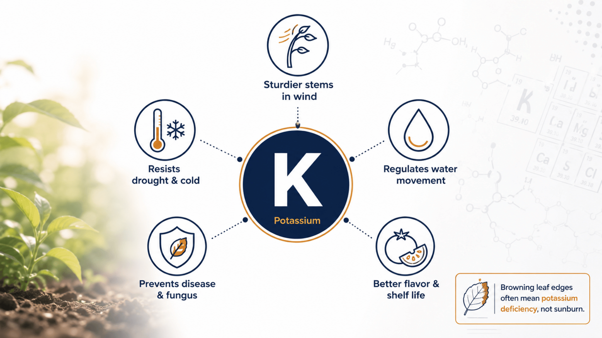 Potassium circle diagram with icons: sturdy stems, drought resistance, water regulation, disease prevention, flavor.