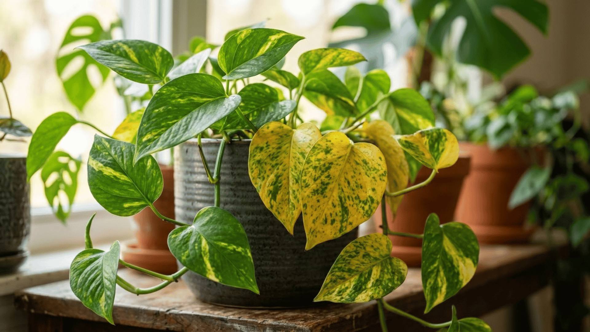 close-up of golden pothos leaves showing yellow and green discoloration in a dark gray pot