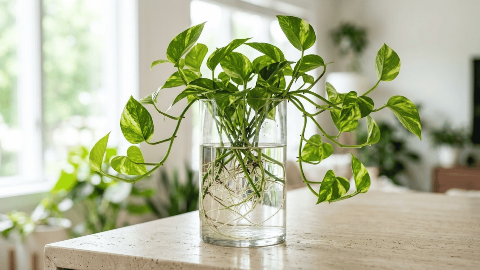 pothos plant growing in a clear glass vase with visible roots and yellow leaves on a countertop
